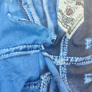 Detail of stretch swim trunks with denim texture print and dollar bill patterns