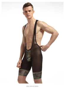 Macro detail of men's sexy mesh bodysuit with U-neck and camouflage print details