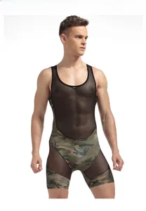 Macro shot of men's sexy camouflage patchwork and black mesh see-through bodysuit detail