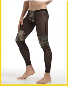 Detail view of men's sexy mesh leggings with camo patchwork and breathable fabric