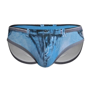 Men's sexy low-rise swim trunks with creative 3D denim print and gray elastic edges