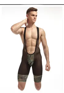 Detail of men's athletic bodysuit featuring black breathable mesh and camouflage patchwork