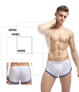 Detail of white men's ice silk mesh shorts with blue trim and breathable fabric texture