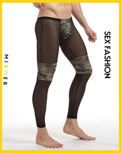 Detail of men's sexy mesh leggings with camo patchwork and breathable sheer fabric
