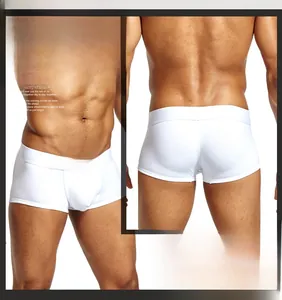 Detailed view of men's white cotton boxer briefs with elastic waistband and brand logo