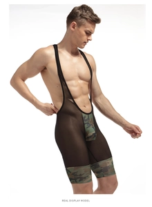 Macro detail of breathable black mesh fabric and camo print on men's bodysuit
