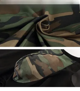 Detail of camouflage print and black breathable mesh stitching on men's sexy bodysuit