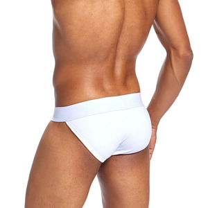 Vue arrière du slip en coton blanc pour hommes avec large ceinture élastique
