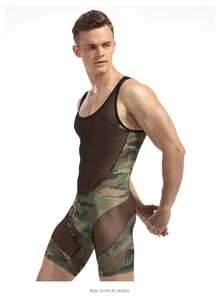 Detail of men's sexy camouflage bodysuit featuring mesh panels and athletic racerback design