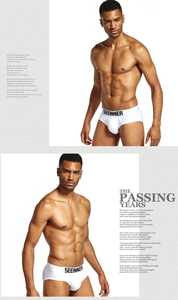 Détail du slip en coton blanc pour homme avec ceinture élastique griffée sur fond de mur gris