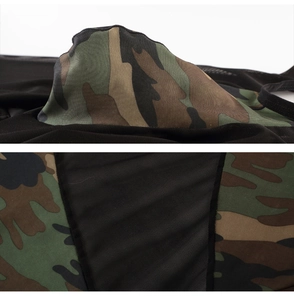 Detail view of men's sexy bodysuit showing camouflage print and mesh fabric texture
