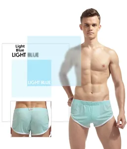Detail of light blue men's ice silk boxer briefs with breathable mesh and white trim
