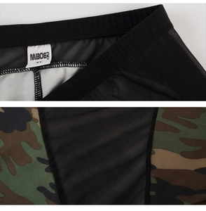 Detail of MIBOER men's camo leggings showing breathable mesh stitching and brand tag