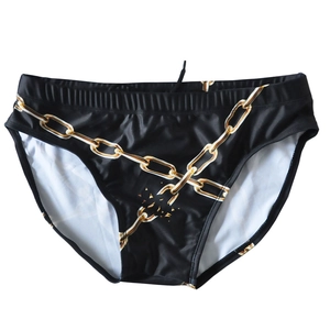 Men's sexy nylon swim briefs featuring gold chain print and adjustable drawstring waist