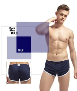 Detail of dark blue men's ice silk mesh sports shorts with white contrast piping trim