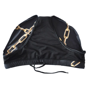 Detailed top view of black men's swim briefs featuring gold chain print and drawstring waist