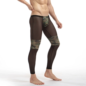 Men's sexy camouflage mesh patchwork leggings in breathable black sheer fabric
