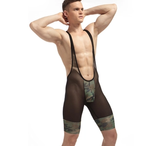 Men's sexy mesh bodysuit with deep U-neck and camouflage accents in a muscular fit