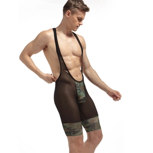 Men's sexy black mesh bodysuit with camouflage accents and deep U-neck athletic design