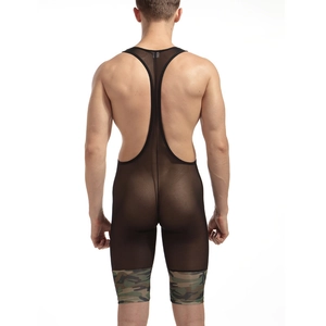 Men's sexy sheer mesh bodysuit with racerback design and camouflage trim back view