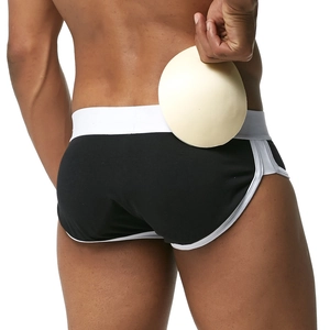 Vista posteriore degli slip neri da uomo in cotone con elastico bianco e cuscinetto push-up