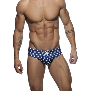 Men's star print swimming trunks in navy blue and white with adjustable drawstring waist