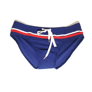 Deep blue swim briefs for men featuring a red and white striped waistband and white drawstring