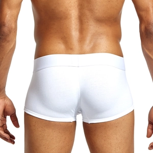 Men's premium white cotton boxer briefs with wide elastic waistband on model back view