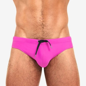 Men's low-rise rose pink swim briefs with black adjustable drawstring and metal tips