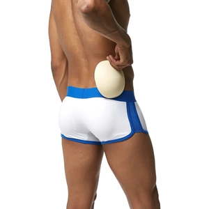Boxer da uomo bianchi con elastico blu e imbottitura rimovibile per modellare i glutei