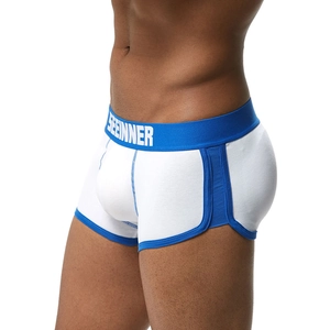 Vista laterale del boxer da uomo bianco e blu con effetto push-up e fascia elastica