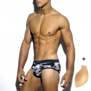 Men's camouflage swim trunks with protective bulge pad and low waist athletic fit