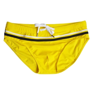 Mens yellow swim bikini briefs with white drawstring and striped waistband trim