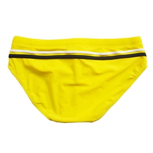 Detailed flat lay of men's yellow swim briefs showing athletic black and white side stripes