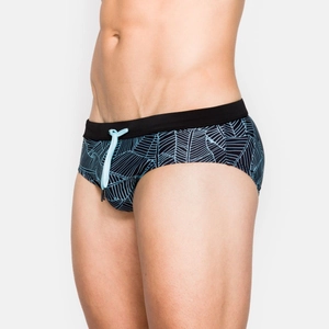 Men's swim briefs with blue leaf pattern and black elastic waistband with drawstring