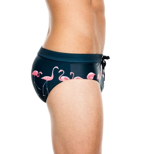 Men's navy swim briefs with pink flamingo print featuring an adjustable drawstring waist