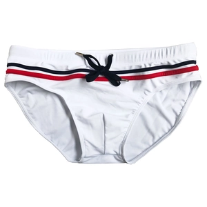 Men's white swim bikini in nylon with navy and red stripes and adjustable drawstrings