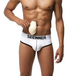 Men Cotton Briefs With Removable Butt Lifting Pads And 3D U-Convex Cup Push Up Hip Enhancing Underwear Contrast Piping