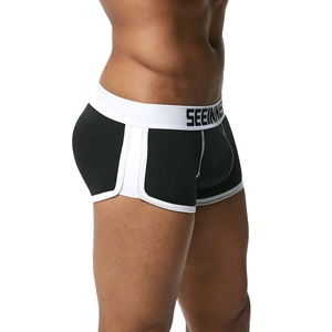 Vista laterale del boxer nero da uomo con elastico in vita bianco e logo del marchio