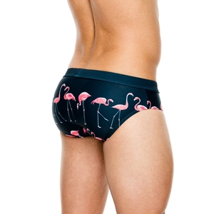 Detail showing pink flamingo print and stretch fabric texture of blue men's swim briefs