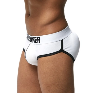 Detailed back view of men's padded push-up underwear with elastic logo waistband
