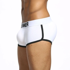 Side view of white cotton boxer briefs with black trim and padded butt design for men