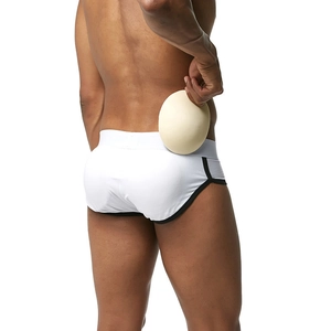 Men's white lifting briefs with black trim and removable 3D padded cups for shaping
