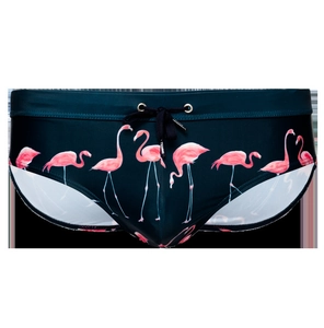 Navy blue men's swim briefs with pink flamingo print and adjustable drawstring waist