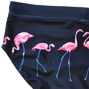 Detail of navy blue men's swim briefs with pink flamingo print and elastic fabric