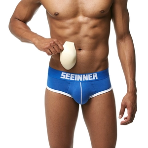 Men's blue low-rise briefs with 3D U-convex pouch and removable front sponge padding