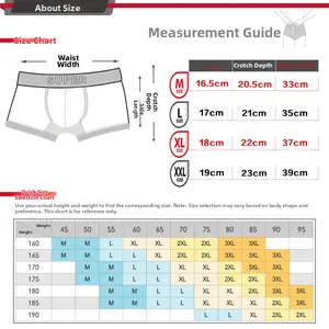 Men's boxer briefs size chart showing waist width and weight selection guide