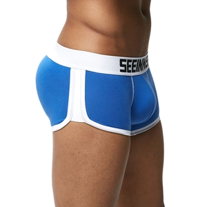 Dettaglio dei boxer da uomo blu reale con elastico in vita e profili bianchi a contrasto