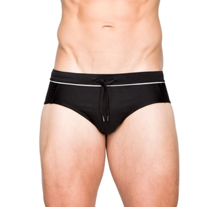Men's black mesh splice swim briefs with breathable side holes and white waist stripe