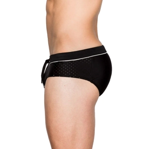 Men's black mesh panel swim briefs with breathable side stripes and elastic waistband